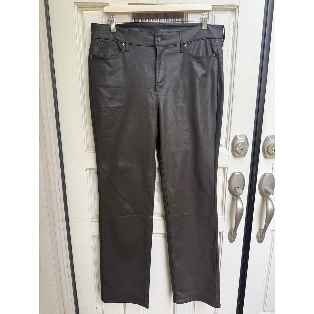 NYDJ Marilyn Straight Coated Pants Chocolate Brown High Rise Stretch Size 14